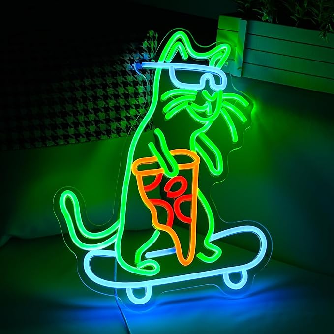 Skateboard Cat Neon Sign LED Cool Glasses Cat Neon Light for Wall Decor Pizza Neon Light Sign Dimmable USB Cat Pizza Light Up Sign for Bedroom Pizza Restaurant Pet Shop Gift (16.7 "*12.2 ")-Ruum Studio Home