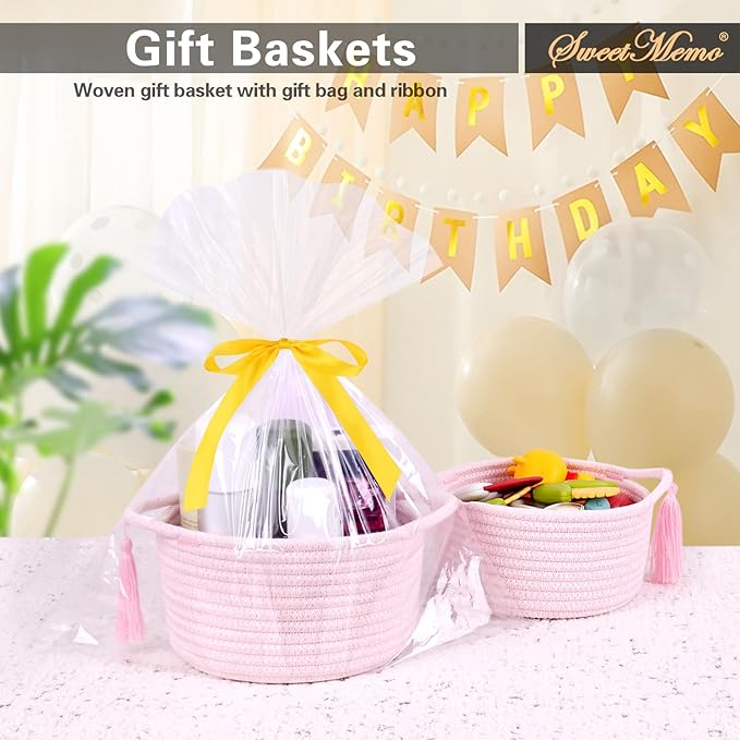 Empty Gift Basket – SweetMemo Mini Woven Rope Organizer Baskets for Gifting, Baby Shower, Desk, Makeup Brushes, Bathroom, Shelves – Small Decorative Storage Bin with Gift Bag & Ribbon – Blush Pink-Ruum Studio Home
