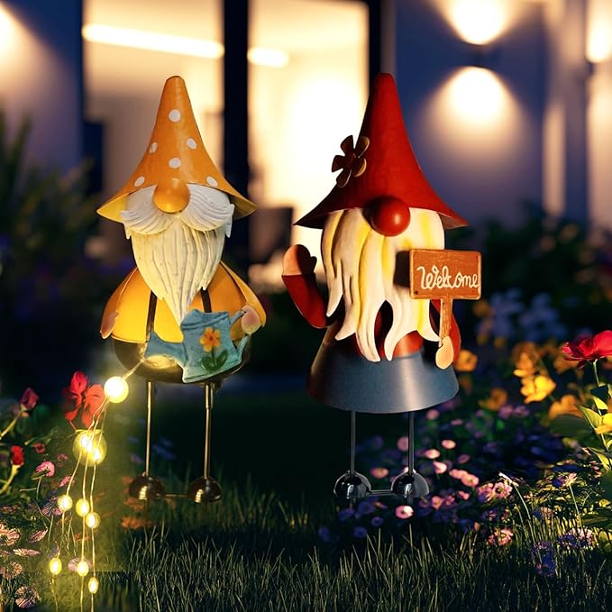 HONGLAND Metal Gnome Yard Art -18 Inch Garden Gnomes Statues Outdoor Decor with Watering Can Solar Lights -3D Outdoor Figurines for Patio Yard Lawn Porch Ornament Gardening Gifts-Ruum Studio Home