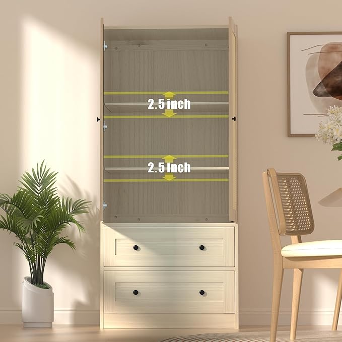 Rattan Oak Kitchen Pantry, 64.2" Tall Storage Cabinet with Doors and Drawers, Freestanding Wooden Storage Organizer for Kitchen, Dining Room-Ruum Studio Home