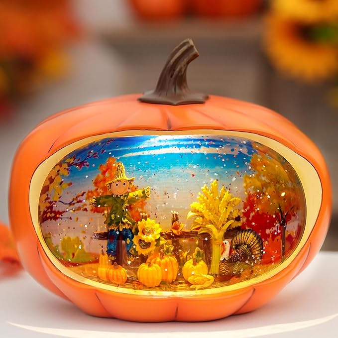 Fall Decor Snow Globe Lighted Pumpkin Thanksgiving Decoration Swirling Glitter Snow Globes Pumpkin Table Accent for Fall Harvest Day Decorations,Pumpkin&Scarecrow-Ruum Studio Home