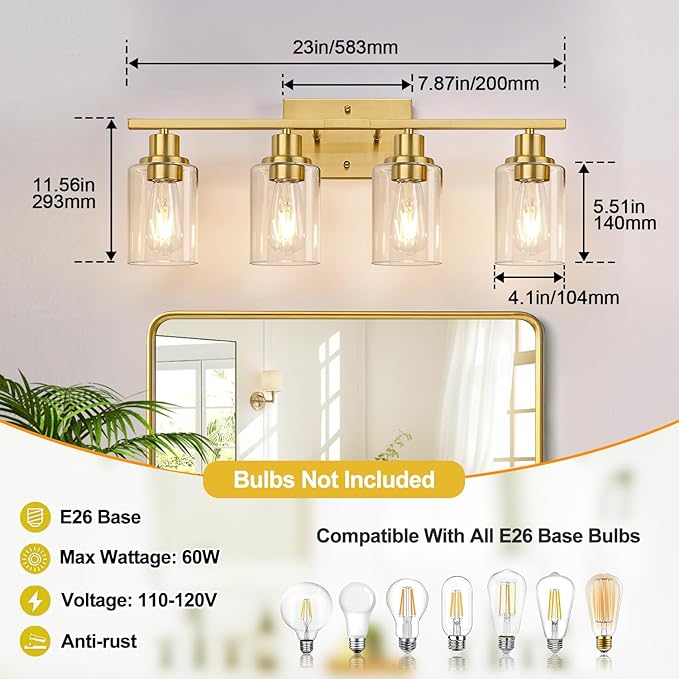 4-Light Vanity Lights with Clear Glass Shades, Brushed Gold Bathroom Light Fixtures Over Mirror, Modern Bathroom Wall Lamp for Mirror Living Room Cabinet Bedroom Porch-Ruum Studio Home