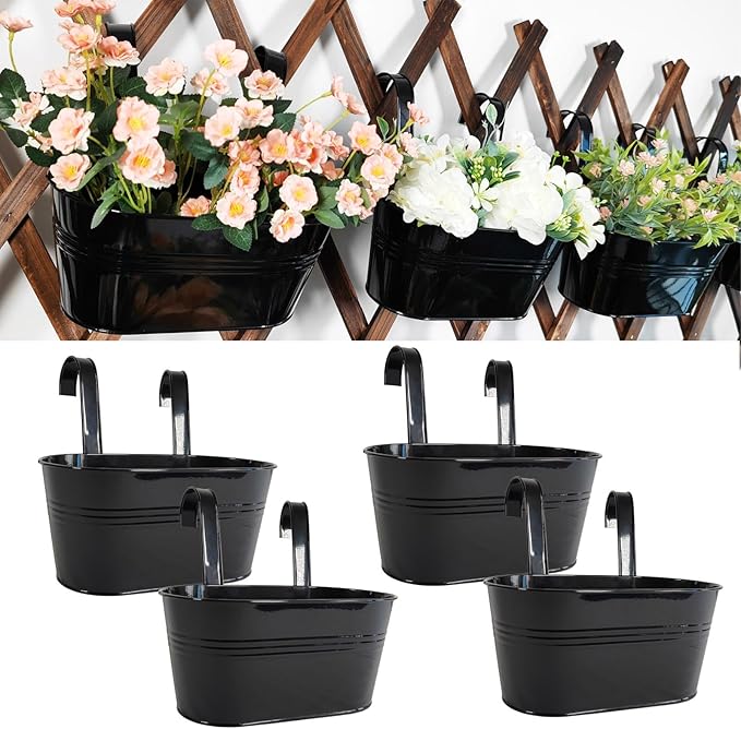4 Pack Metal Hanging Planter for Outdoor Plants, 10 Inch Black Fence Planters Railing Pots for Garden Patio Balcony Decor, Flower Bucket with Detachable Hooks (Black, 4Pcs)-Ruum Studio Home