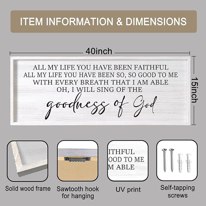 Goodness of God Framed Wall Art, 40''×15'' Positive Religious White Bible Verse for Christian God Jesus Christ Prayer, Vintage Rustic Long Holy Catholic Scripture Decor-Ruum Studio Home