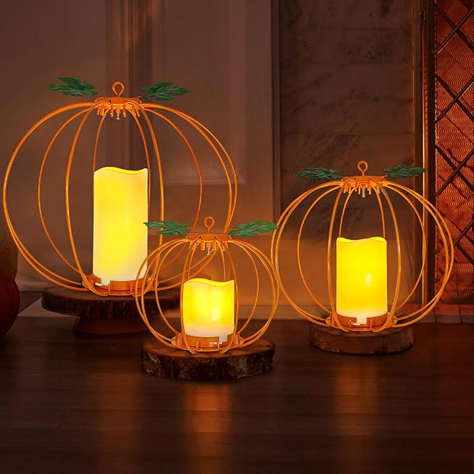 Halloween Metal Pumpkin Candle Holder, 3 Pcs Light up Orange Pumpkin Lantern with LED Flickering Yellow Candle Lights Build in Timer for Thanksgiving Halloween Harvest Fall Home Decor-Ruum Studio Home