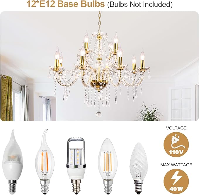 Modern Elegant 12 Lights K9 Crystal Glass Chandelier Golden Pendant Ceiling Lighting European Style for Dining Living Room Bedroom Transparent,12 E12 Bulbs Required-Ruum Studio Home