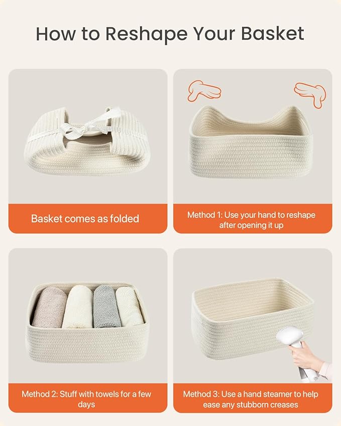 KALLAX Small Woven Basket, 12 x 8 x 4.5 Inches, Storage Basket for Organizing, Cute Small Rope Shelf Closet Cube Storage Bins Baskets for Shelves, Dog Toy Gift Baskets Empty, 3 Packs, Off White-Ruum Studio Home
