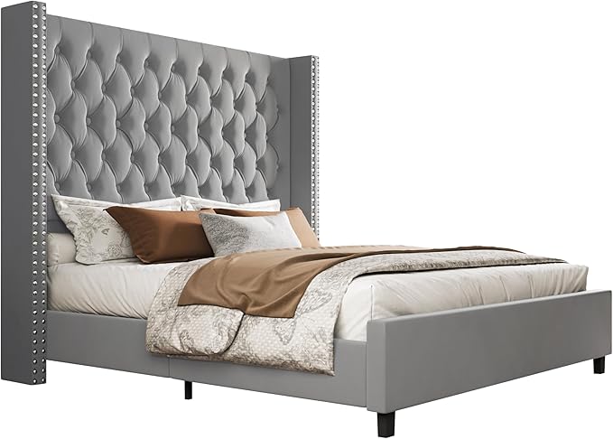 PaPaJet King Size Bed Frame with 61.4" Tall Headboard, Velvet Upholstered Platform and Handmade Deep Button Tufting, No Box Spring Required, Grey-Ruum Studio Home