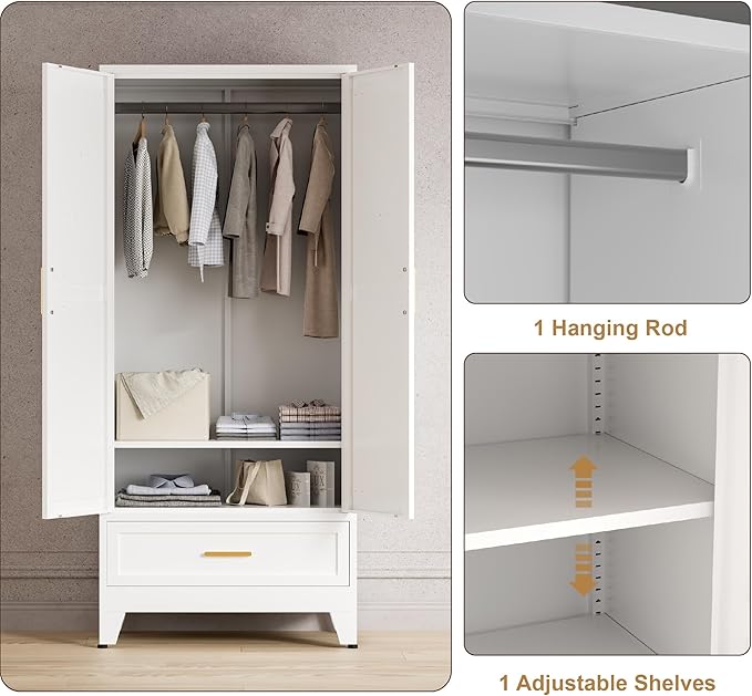 71'' Farmhouse Metal Wardrobe Cabinet with Hanging Rod, 2 Barn Door Wardrobe Closet with Adjustable Shelves,Drawer,for Dining Room,Bedroom,Living Room, Cloak Room,Office (White)-Ruum Studio Home
