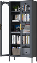 71" Tall Display Cabinet, 5-Tier Bookshelf with Doors & Adjustable Shelf, Modern Storage Cabinets Ideal for Book, Wine, Collectibles, Free Standing Bookcase for Home, Office, Living Room-Ruum Studio Home