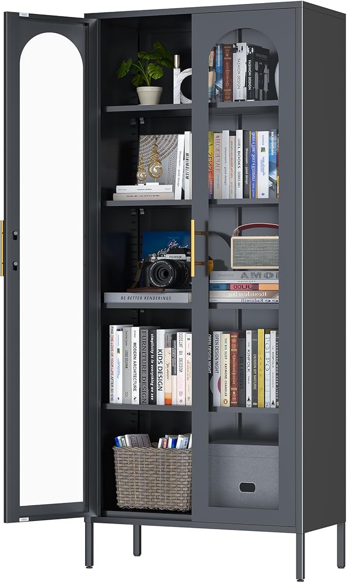 71" Tall Display Cabinet, 5-Tier Bookshelf with Doors & Adjustable Shelf, Modern Storage Cabinets Ideal for Book, Wine, Collectibles, Free Standing Bookcase for Home, Office, Living Room-Ruum Studio Home