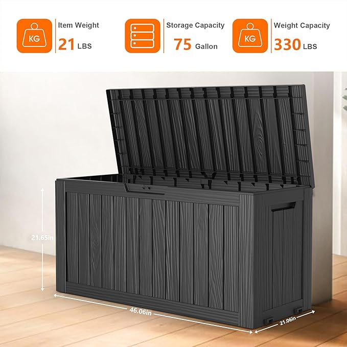 75 Gallon Resin Deck Box, Lockable Patio Outdoor Storage Box for Furniture, Garden Tools and Tools Storage, Waterproof Outside Storage Boxes - Black-Ruum Studio Home
