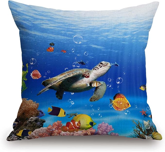TSSOHU Ocean Underwater Marine Life Outdoor Throw Pillow Cover Sea World Animals Tropical Fish with Turtles Coral Decorative Pillows Farmhouse Cushion Cases Home Decor for Couch 18x18 inch-Ruum Studio Home