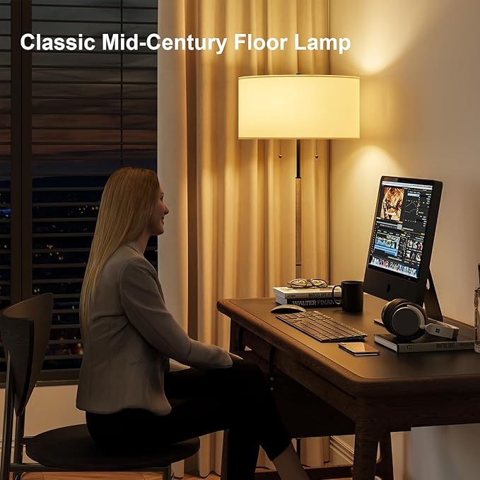 2-Light Floor Lamp, Mid Century Floor Lamp with White Fabric Shade, Standing Lamp Tall Lamp for Living Room Bedroom, 3 Color Temperatures 9W Bulb Include-Ruum Studio Home
