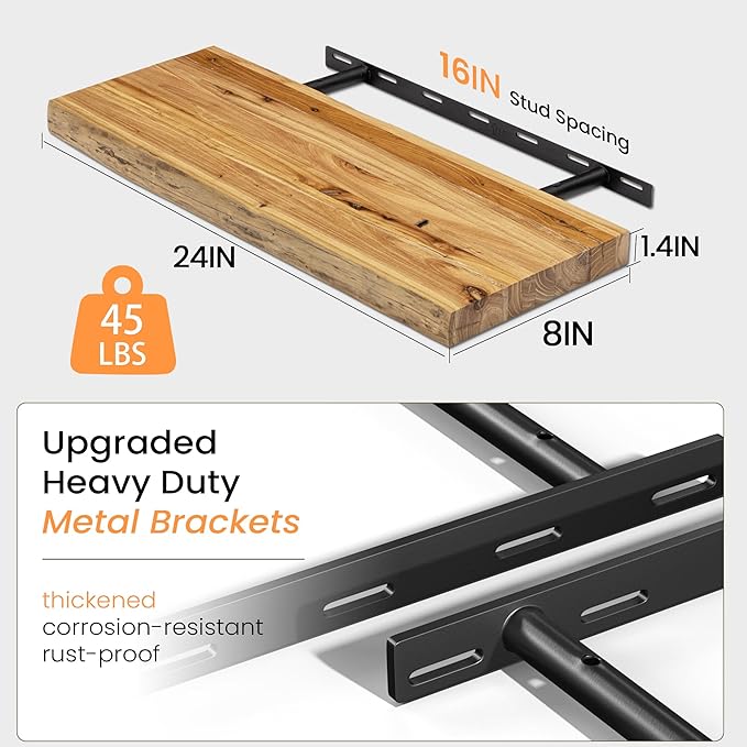 Floating Shelves for Wall, 24" Live Edge Solid Elm Wood Floating Shelf, Wall-Mounted Display Shelves with Invisible Heavy-Duty Metal Bracket, Floating Shelf for Kitchen (Natural, Set of 2)-Ruum Studio Home