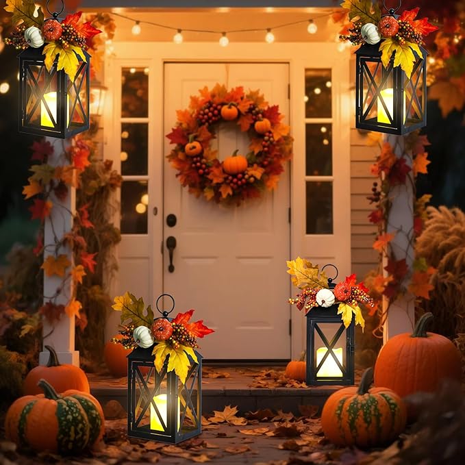 Fall Decor Lantern for Home, Large Decorative Lanterns Outdoor Waterproof 12" Battery Powered Decorative Lanterns Metal Hanging LED Candle Holder, Flameless Candle Lantern for Indoor 2 Packs-Ruum Studio Home