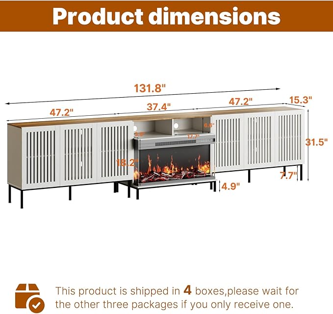 3-Sided Glass Farmhouse Fireplace TV Stand for TVs Up to 110 Inch, Entertainment Center with 36" Electric Fireplace, Antique White TV Console with Storage Cabinets for Living Room-Ruum Studio Home