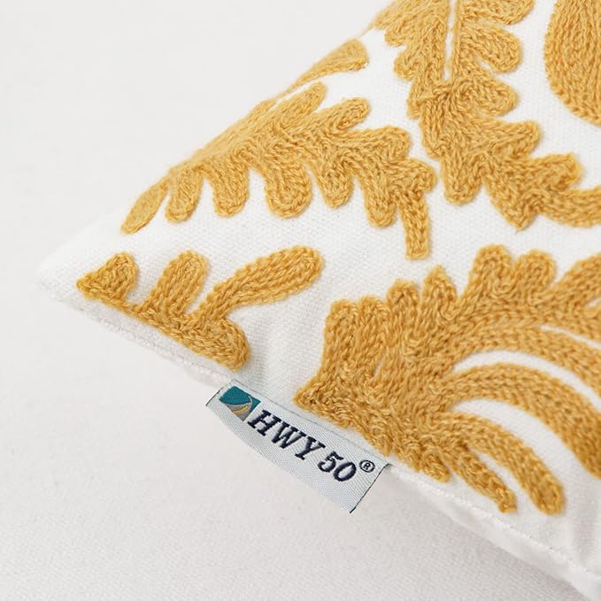 HWY 50 Mustard Yellow Decorative Throw Pillow Covers 18x18 Inch (1 Piece), Embroidered Cotton Farmhouse Cushion Cover Pillow Case for Sofa Couch Living Room Bed Bedroon, Floral Branches-Ruum Studio Home
