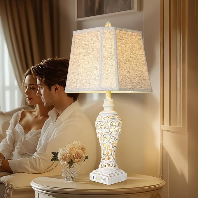 Vintage Table Lamps Set of 2, 28.5'' High Bedside Lamps with Fabric Shade, Farmhouse Nightstand Lamps with USB A+C Ports and Nightlight - Perfect for Living Room Bedroom Office Study (Bulb Included)-Ruum Studio Home