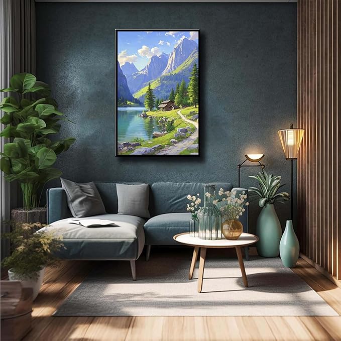 Landscape wall painting of mountain forest lakeside cabin under blue sky and white clouds natural oil painting poster suitable for living room bedroom office-Ruum Studio Home