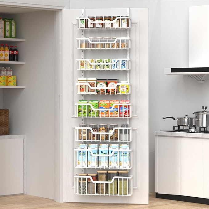 Over The Door Pantry Organizer, 8-Tier Pantry Door Organizer Shelves | 3 Sizes | Adjustable Basket | Metal Hanging Spice Rack for Kitchen, Pantry, Cabinet, Back of Door Seasoning Rack, White-Ruum Studio Home