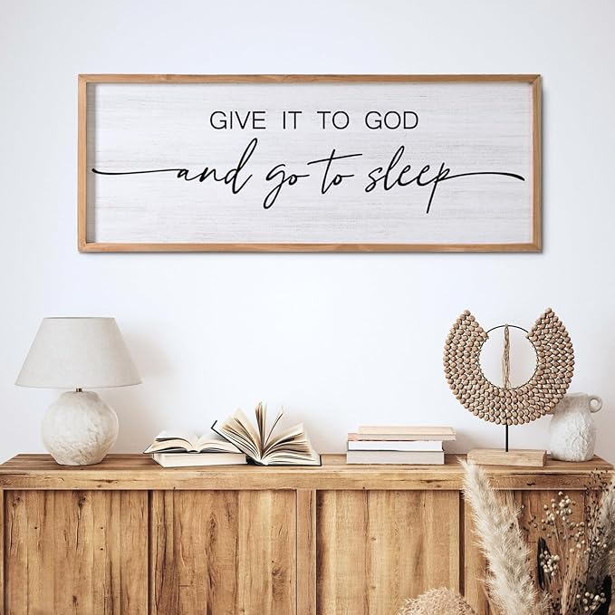 Give It to God and Go to Sleep Decorative Rustic Sign & Plaque Framed Wall Art for Couples, 40''×15'' Vintage Cottagecore Wooden Horizontal Wall Decor Above Bed, Farmhouse Wedding Gift for Bedroom-Ruum Studio Home