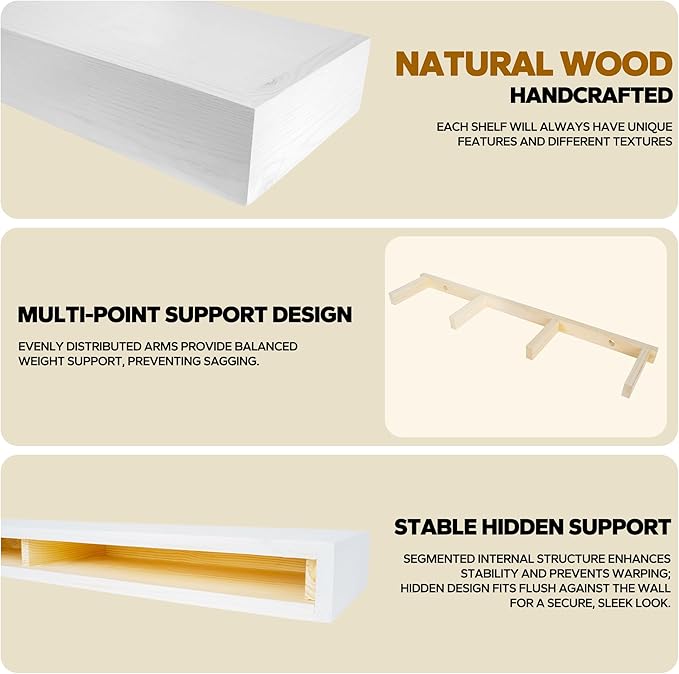 Floating Shelves 3 inch Thick for Wall Set of 2,Solid Pine Wood Wall Mount Shelf for Kitchen Living Room Bedroom Bathroom,8" D x 36" L x 3" H-White-Ruum Studio Home
