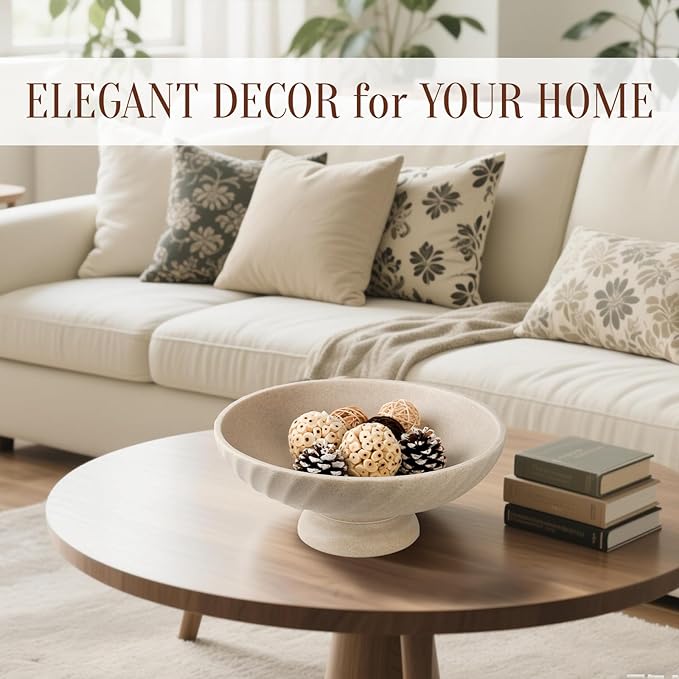 Large Resin Pedestal Decorative Bowl - Modern Fruit Bowl for Kitchen Counter - Handicraft Bowls for Home Decor - Key Bowl for Entry Table,Artificial Stone Beige-Ruum Studio Home