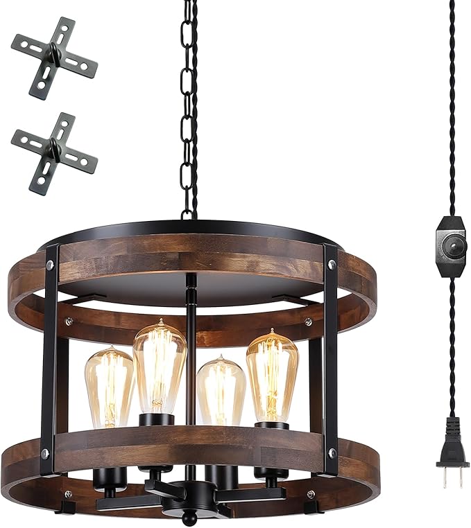 4-Light Large Rustic Farmhouse Plug in Pendant Light Fixture with Adjustable Chain, Dimmable Switch, 16.5 inch Oak Wood Drum Hanging Lamp for Dining Room Living Room Farmhouse Entry, Black-Ruum Studio Home