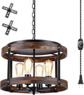 4-Light Large Rustic Farmhouse Plug in Pendant Light Fixture with Adjustable Chain, Dimmable Switch, 16.5 inch Oak Wood Drum Hanging Lamp for Dining Room Living Room Farmhouse Entry, Black-Ruum Studio Home