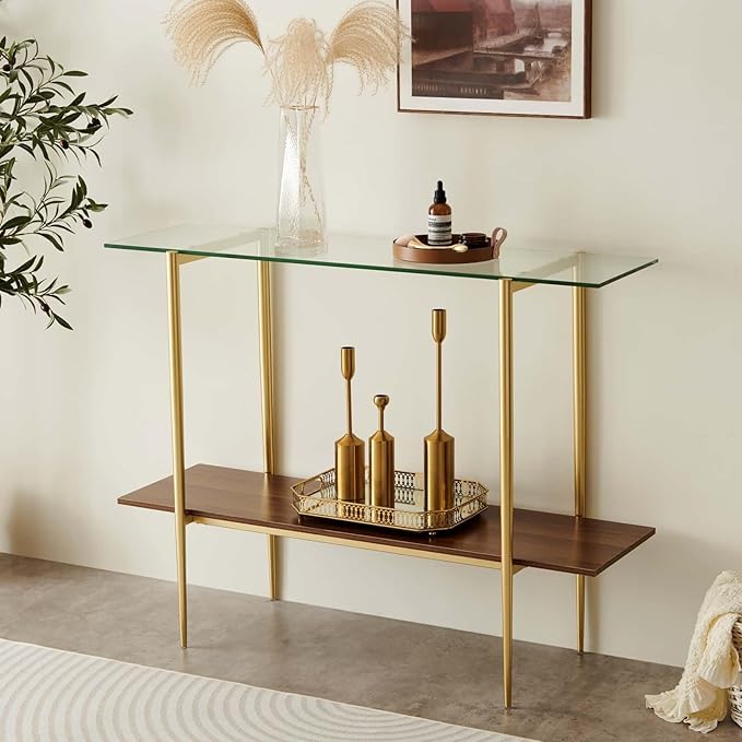 Glass Console Table for Living Room, Foyer & Entrance, 2-Tiers Mid-Century Modern Sofa Table with Clear Glass Top, Walnut Finish Wood Top and Gold Finish Metal Frame-Ruum Studio Home