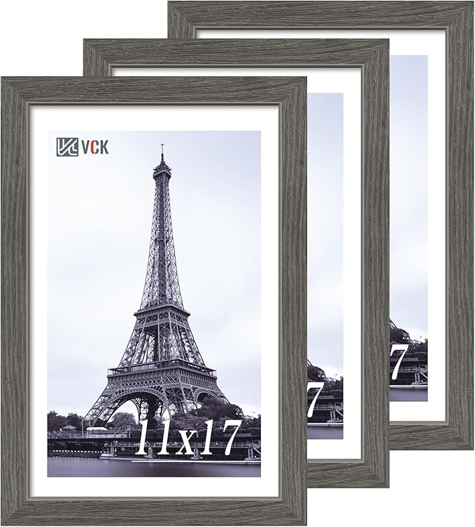 VCK 11x17 Picture Frame 3 Pack, Gray Solid Wood Poster Picture Frame, Exclusive Wood Grain, Wall Mounting Hanging-Ruum Studio Home