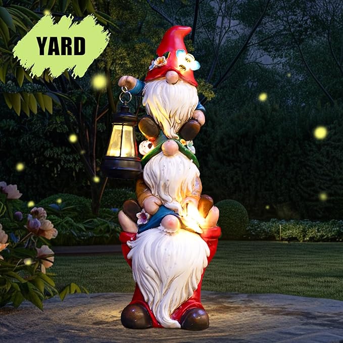 17 in Large Garden Gnome Statue with Solar Lights Sculptures Funny Triple Big Gnome Outdoor Patio Lawn Yard Balcony Garden Home Decor Gifts for Women Mom-Ruum Studio Home