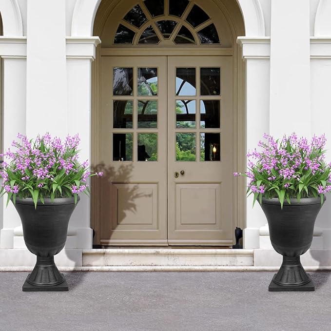 Worth Garden 2-Pack Plastic Urn Planters for Outdoor Plants, 22'' Black Tall Round Classic Resin Traditional Flower Pots - 15 in. Dia. Large Imitation Stone Decorative Pot Patio Deck Front Porch-Ruum Studio Home