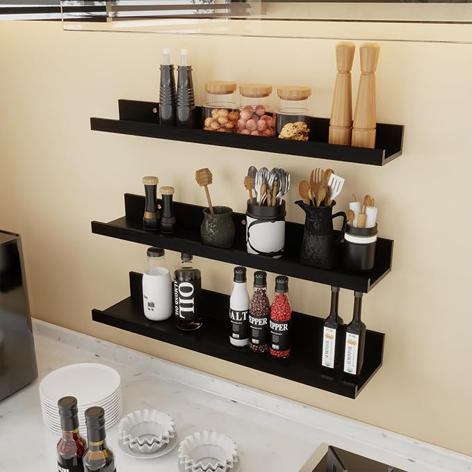 Giftgarden 24 Inch Black Floating Shelves Wall Mounted Woodgrain Picture Ledge Shelf for Storage Bedroom Bathroom Kitchen Living Room Office, Set of 3 Different Sizes-Ruum Studio Home