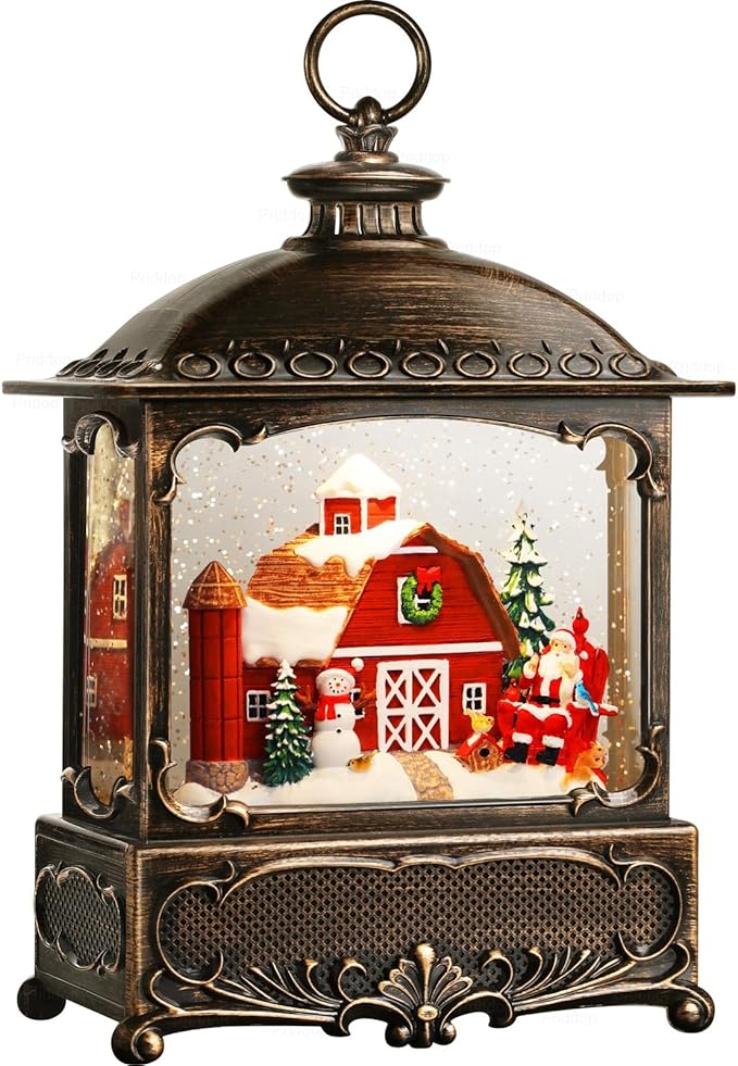 Christmas Snow Globe Lantern Christmas Decorations Gifts Barn Snowman Santa Claus Cardinal Winter Farm Scene Musical Glitter Snowfall USB/Battery Timer 12 inch-Ruum Studio Home