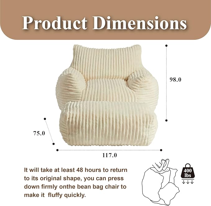 Premium Beige Bean Bag Chair for Adults with Armrest- Ultra Plush Memory Foam Lounge Sofa & Comfy Reading Nook Chair for Bedroom, Living Room & Dorm (White, Without Pedals)-Ruum Studio Home