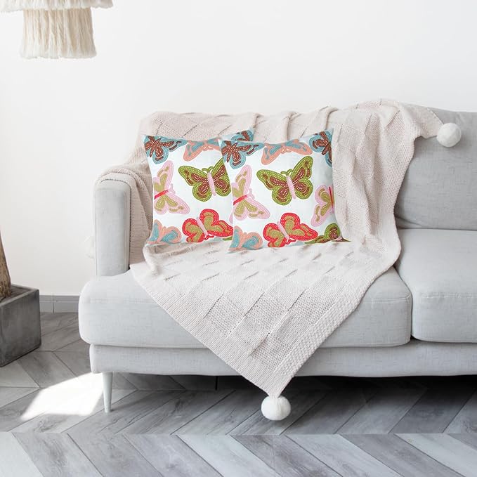Embroidered Decorative Throw Pillow Cover, 18"x18" Set of 2, Farmhouse Pillowcase Colorful Butterfly Knit Pattern Cotton Canvas Cushion Case Square Floral Pillow Case for Sofa Couch Bed Living Room-Ruum Studio Home