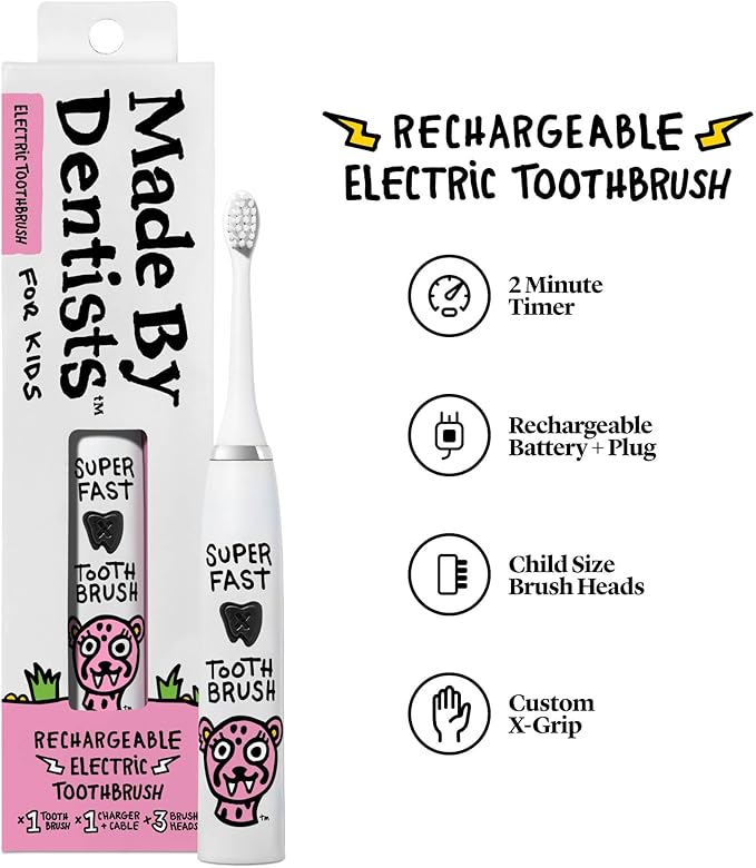 Kids Electric Toothbrush - Rechargeable Vibrating Toothbrush with Timer, Includes 6 Replacement Heads, Gently Cleans Teeth, for Girls and Boys, Kids & Toddlers Age 2+, Cheetah-Ruum Studio Home