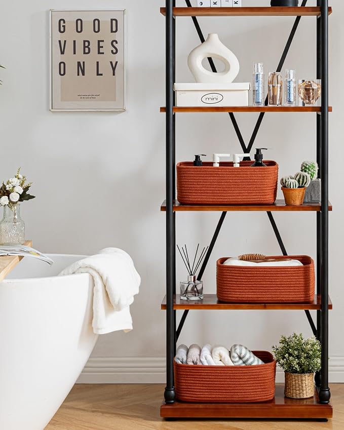 KALLAX Small Woven Basket, 13.5 x 9.5 x 5 Inches, Storage Basket for Organizing, Cute Small Rope Shelf Closet Cube Storage Bins Baskets for Shelves, Dog Toy Gift Baskets Empty, 3 Pack Rust Red-Ruum Studio Home