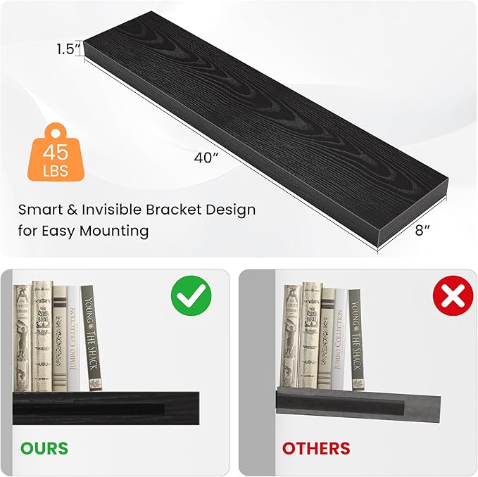 Floating Shelves for Wall, 40" W x 8" D x 1.5" H, Wooden Wall Mounted Display Shelves with Invisible Brackets for Living Room, Bedroom, Bathroom, Kitchen Decor and Storage, Set of 2, Black-Ruum Studio Home