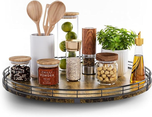 Lazy Susan Turntable Organizer for Table Top, 18’’ Round Wooden Lazy Susan for Cabinet Kitchen Countertop Pantry Dining Coffee Table for Condiments Spices, Rustic Bathroom Vanity Tray for Soap Candle-Ruum Studio Home