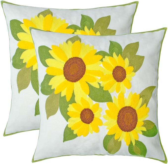 Embroidered Decorative Throw Pillow Cover, 18"x18" Set of 2, Farmhouse Pillowcase Yellow Sunflower Knit Pattern Cotton Canvas Cushion Case Square Floral Pillow Case for Sofa Couch Bed Living Room-Ruum Studio Home