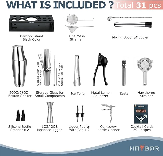 HMYBAR® Mixology Bartender kit | Cocktail Shaker Set | Boston Shaker Set, 20/28 OZ | Martini Making Set for Home Bar. Total 31 pcs incl 39-Recipe Cocktail Cards. Silver Tools. Bamb Stand Black Color-Ruum Studio Home