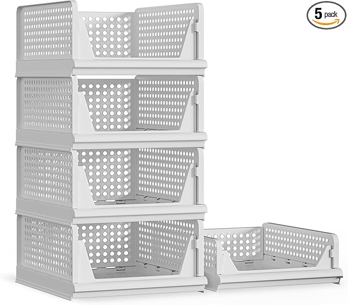 5 Pack Stackable Plastic Storage Basket Closet Organizer Bin Foldable Clothes Organizer Storage Drawer Shelf Container for Living room Bathroom Kitchen Office (4L+1S)-Ruum Studio Home