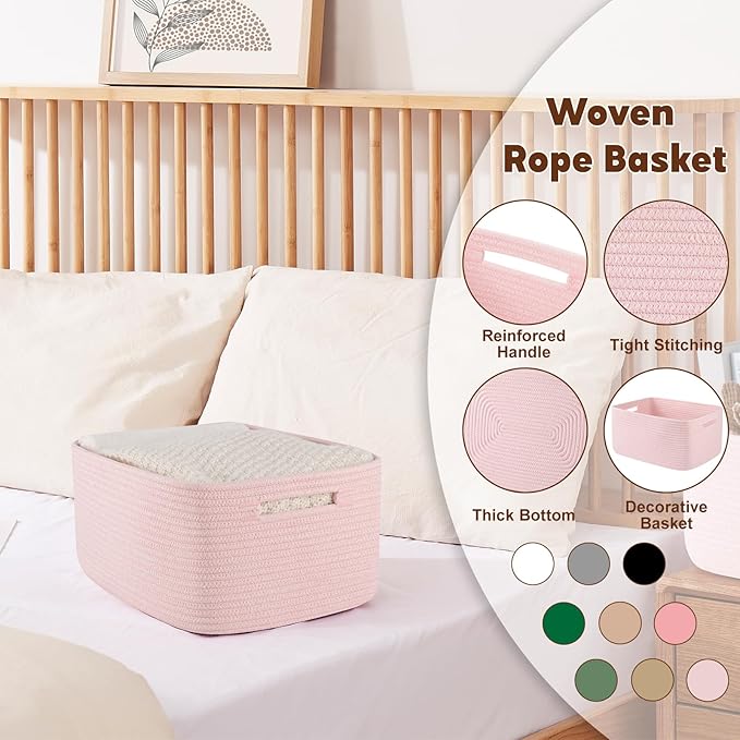 OIAHOMY Storage Basket for Shelves, Closet Cube Storage Bins Baskets for Clothes Blanket Towels, Baby Nursery, Toy Baskets Box, Woven Rope Basket, 17.72*12.99*7.87 IN, 2 Packs Mixed Pink-Ruum Studio Home