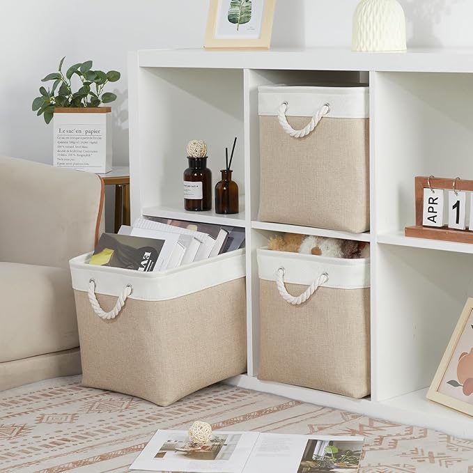 Bidtakay Large Storage Baskets for Organizing Fabric Closet Organizers Storage Bins with Handles 3-Pack 16x11.8x11.8 Inch Collapsible Baskets for Shelves Clothes Home Organization L-White&Beige-Ruum Studio Home