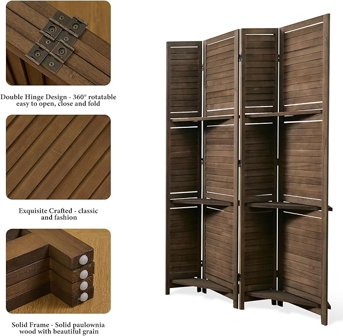 Partition Room Dividers, 67 * 51inch Folding Wood Privacy Screen with Three Display Shelves Suitable for Home Office, Study, Art Display - 4 Panel (Brown)-Ruum Studio Home