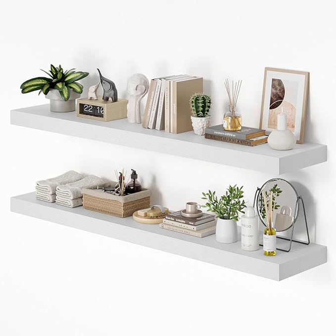 Heimlove 55 x 12 inch Extra Long Floating Shelves for Wall, 12 Inch Deep Floating Shelves, Large Display Shelf & Storage Shelf for Living Room Bedroom Kitchen Home Office, Set of 2, White-Ruum Studio Home