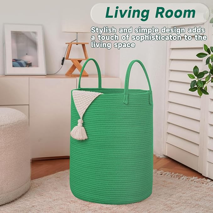 Large Woven Laundry Basket Hamper,60L Cotton Rope Storage Bin for Blankets,Toys and Clothes,Decorative Tall Nursery Hamper for Living Room,Baby Nursery,Bathroom and Bedroom,Dark Green-Ruum Studio Home